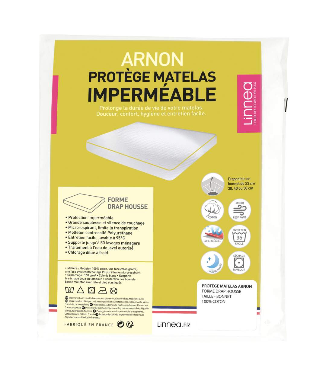 Protège matelas imperméable 90x220 cm bonnet 23cm ARNON molleton coton contrecollé polyuréthane