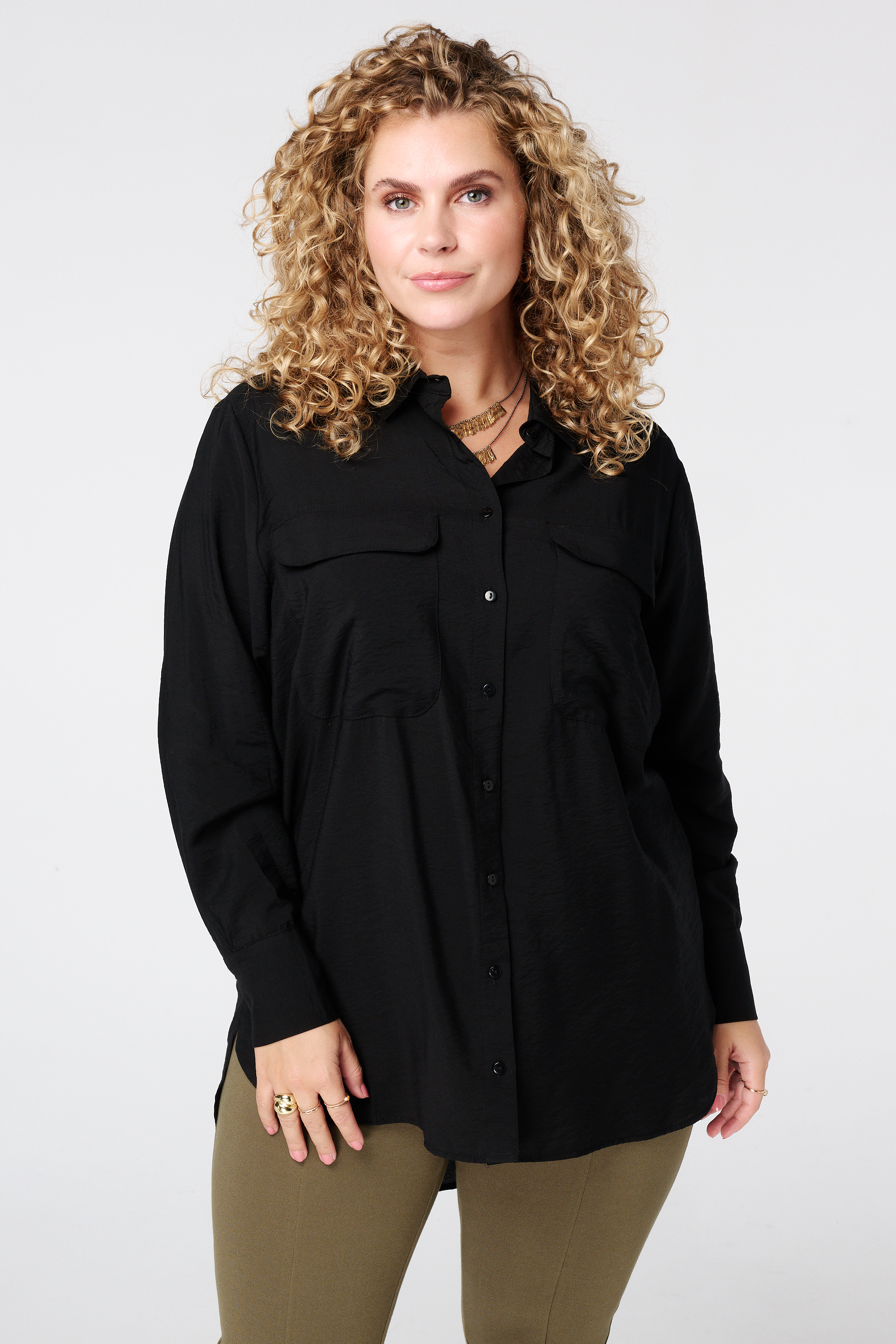 Halflange blouse met sier zakken Zwart