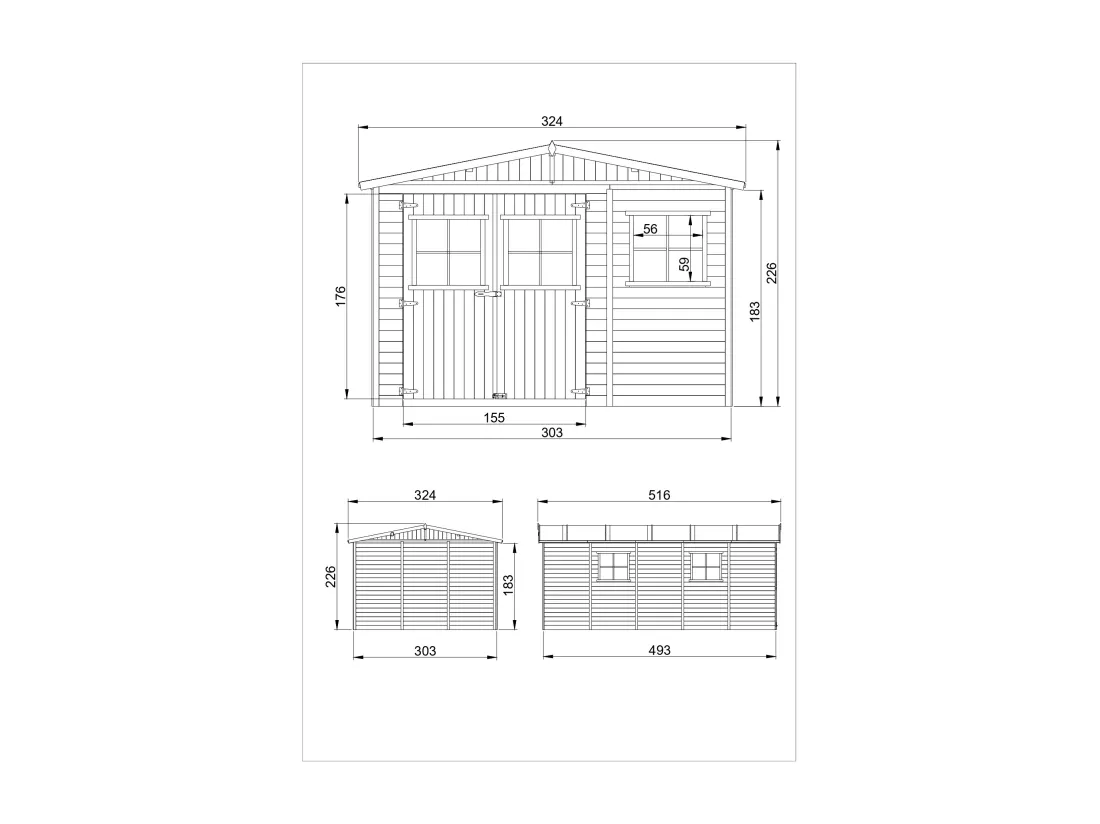 Abri de jardin en bois AVEC LES PLANCHERS IMPRÉGNÉ - - H226x324x516 cm/15 m² - TIMBELA M337+M337G