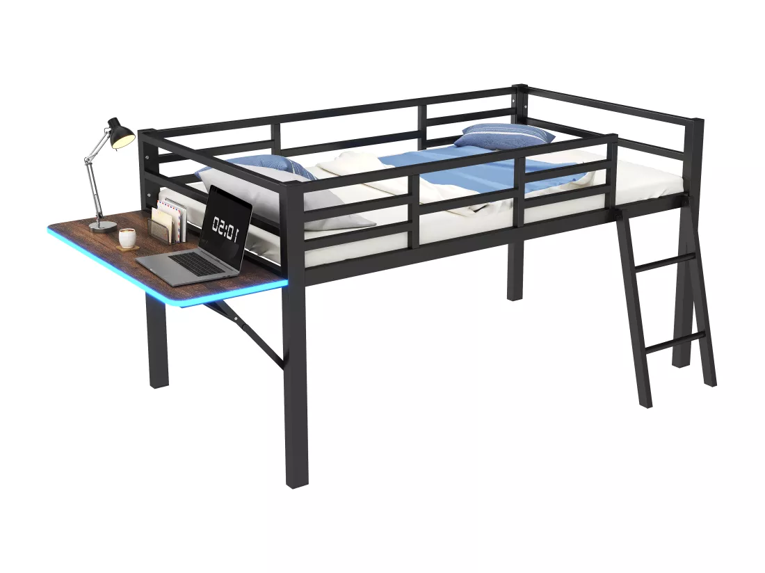 Lit mezzanine 90x200cm en métal avec LED - avec bureau abattant et sommier à lattes - Noir