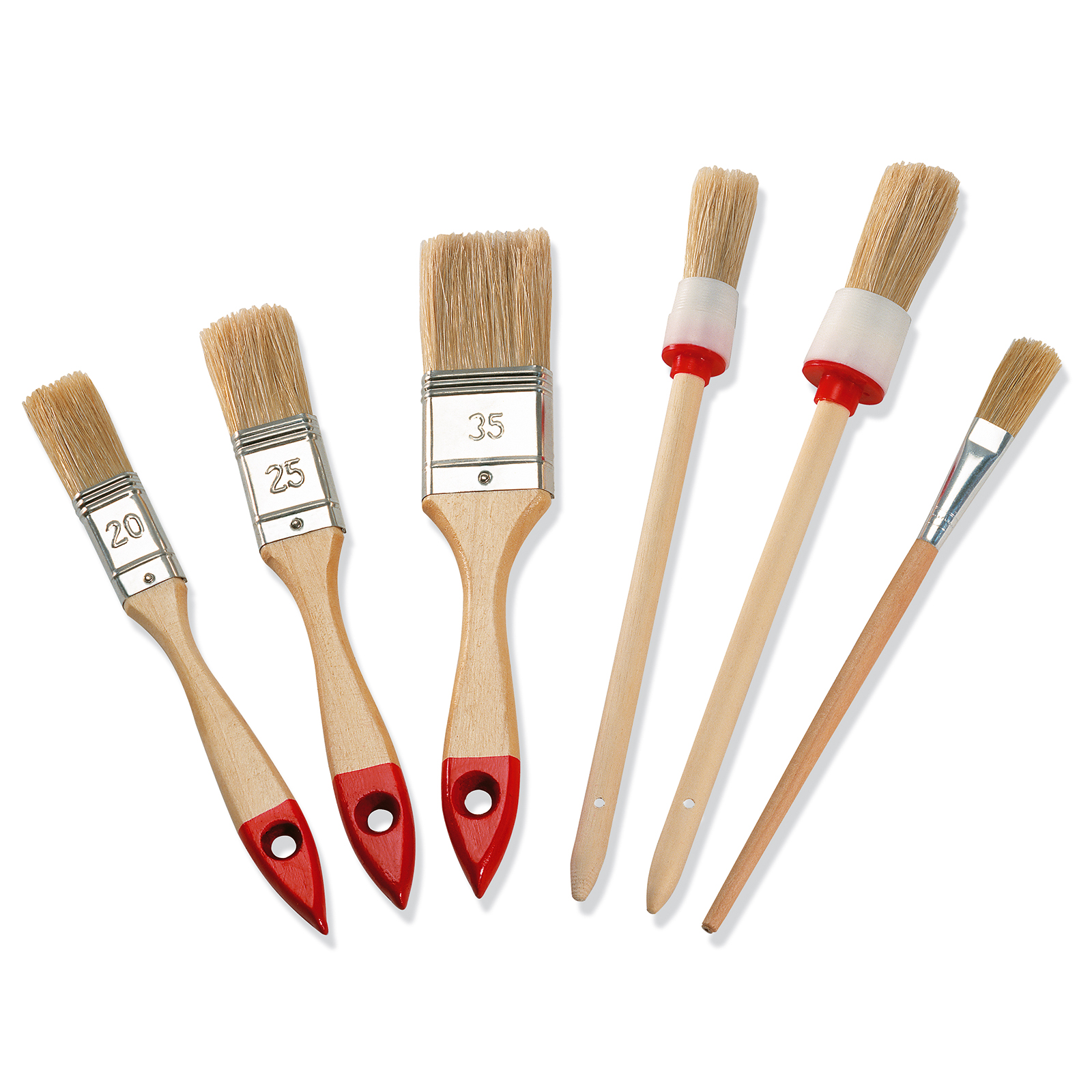 6-teiliges Pinsel-Set - helle Kunststoffborsten - Holzstiel