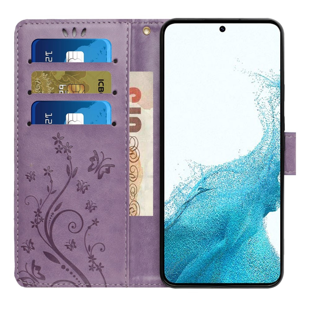 Samsung Galaxy S23 5G Leder Tasche mit Kartenfach   Handschlaufe Butterfly Flowers - Lila