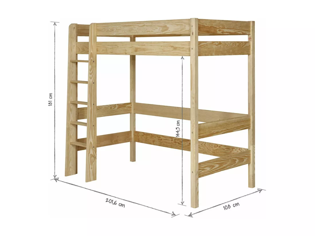 Pack lit mezzanine avec matelas 90x190 cm bois massif bois naturel CLEM