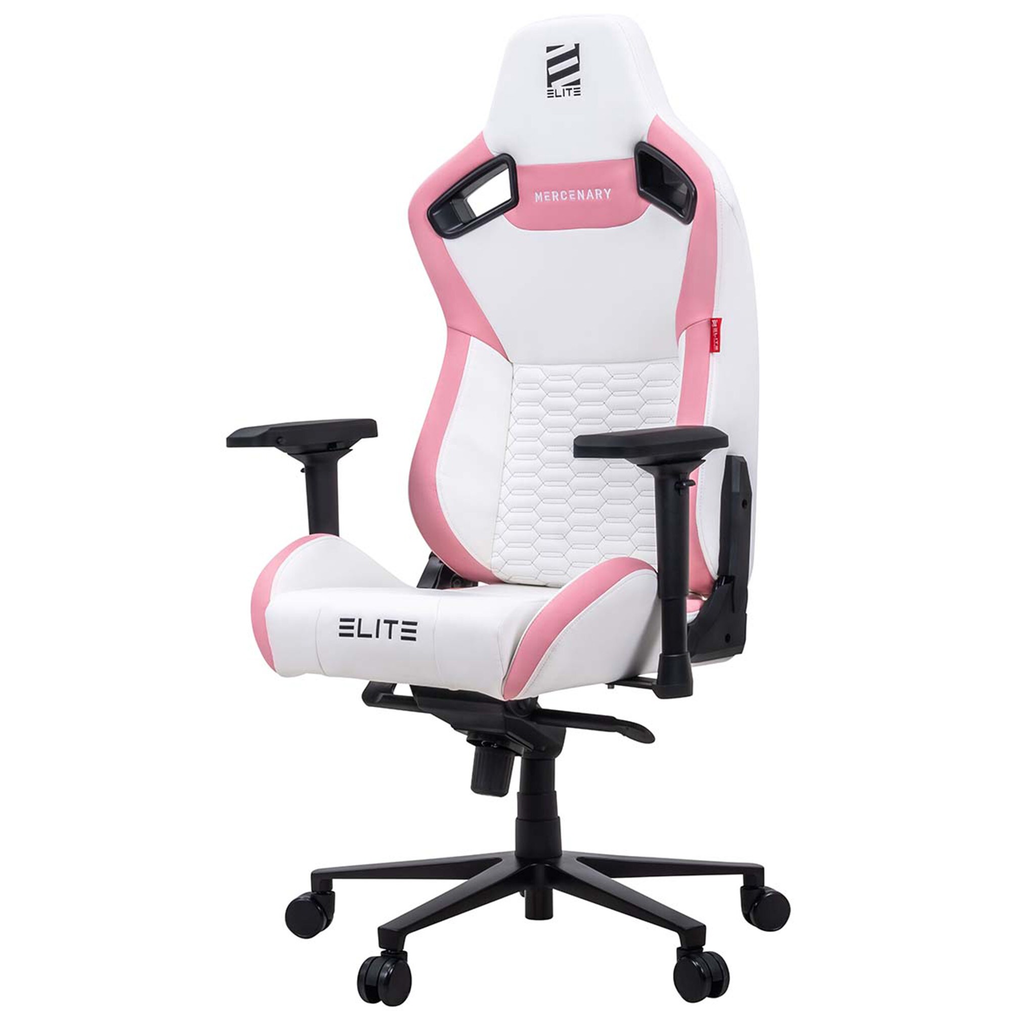 ELITE Gaming-Stuhl MERCENARY groß, ergonomisch mit Premium-Rücken- und Kopf-Nackenkissen, 48-53cm (Weiß/Pink)