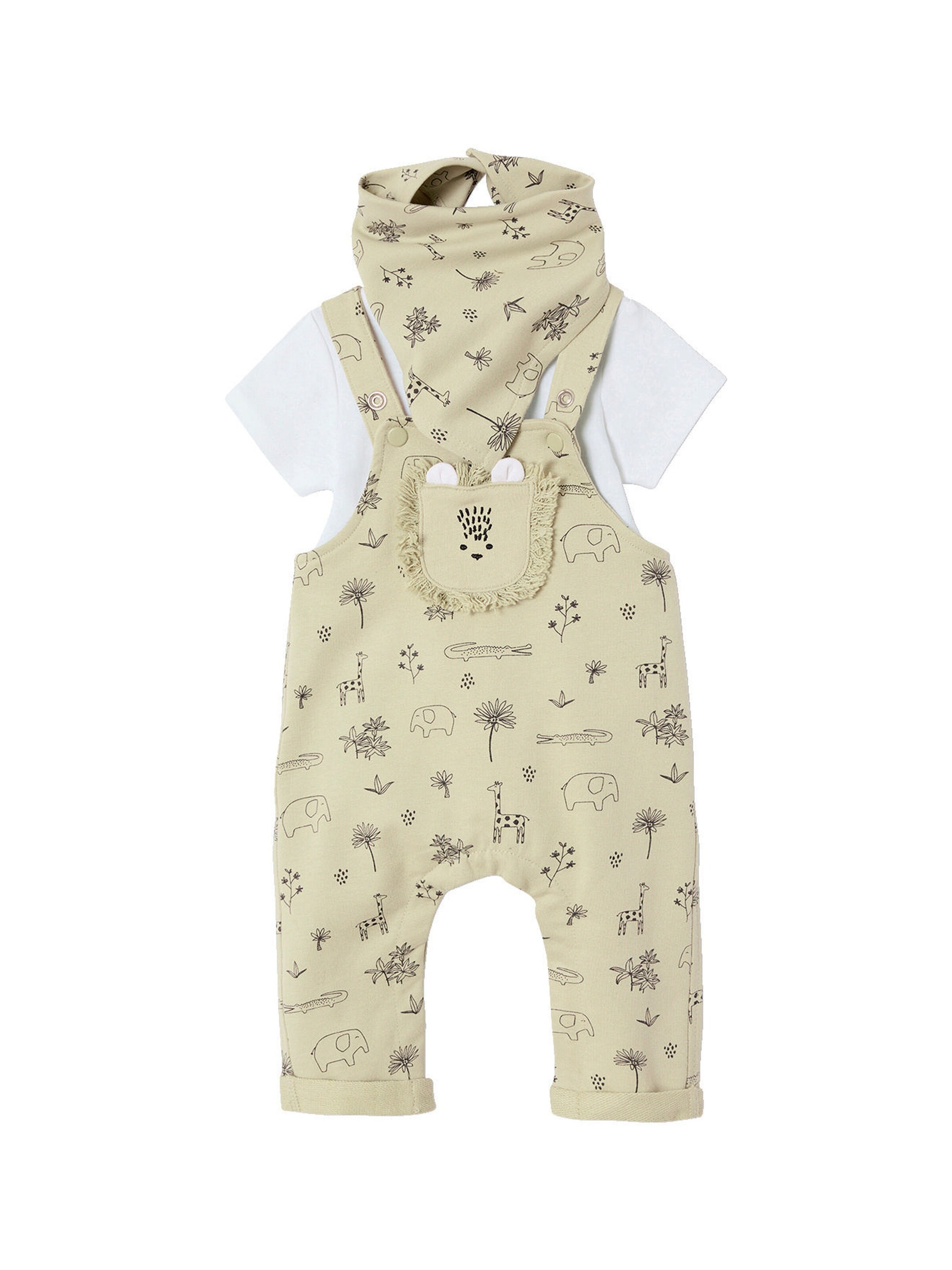 Vertbaudet Baby-Set: Latzhose, Body & Halstuch, Dschungelmotive grün