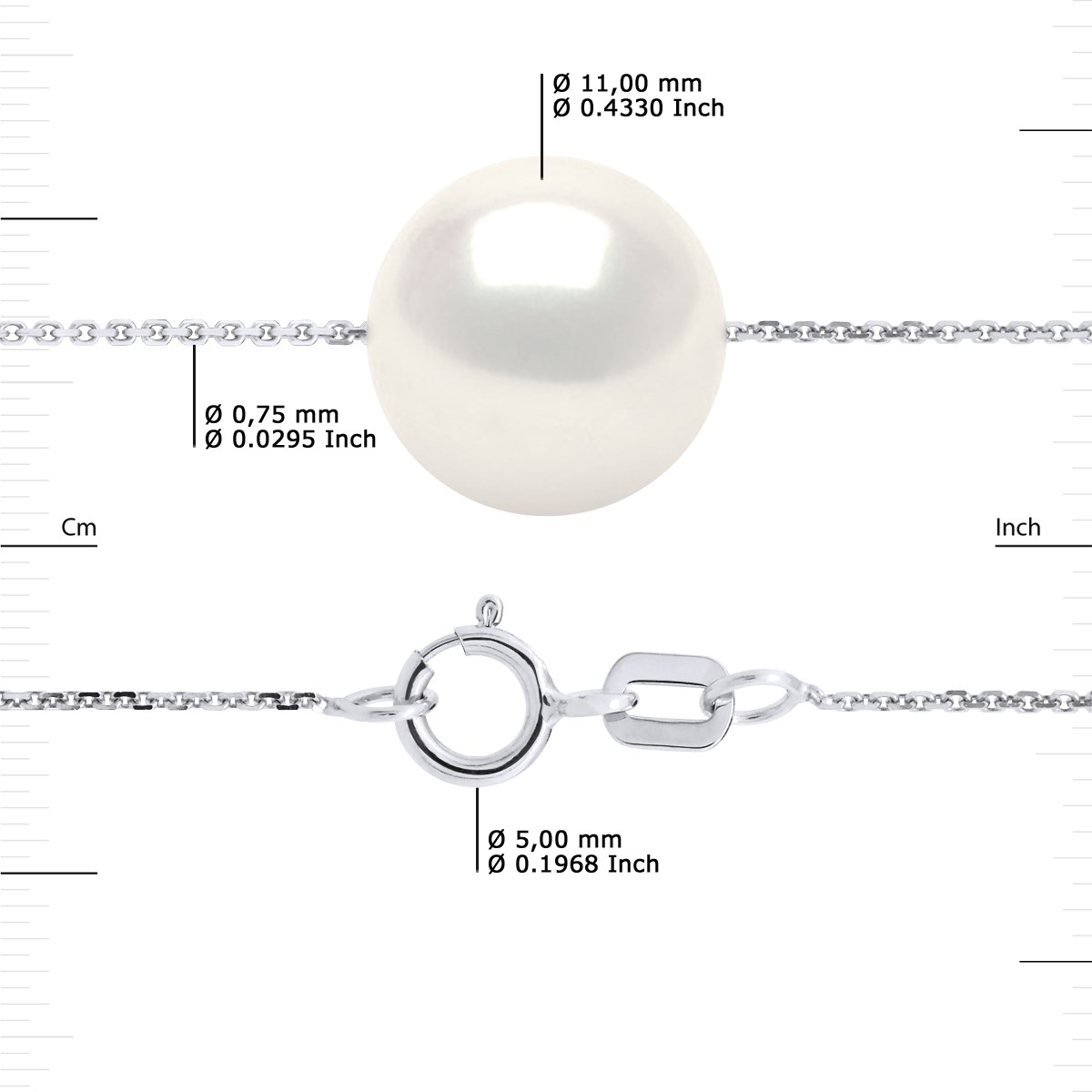 Collier Perle d'Eau Douce Blanche Ronde 11-12 mm Chaîne Forçat Or Blanc 18 Carats