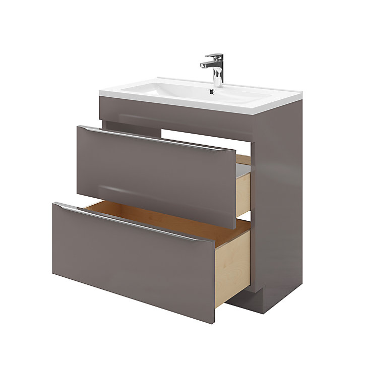 Ensemble l.80 cm meuble sous vasque Imandra gris taupé à poser + plan vasque Nira céramique blanc