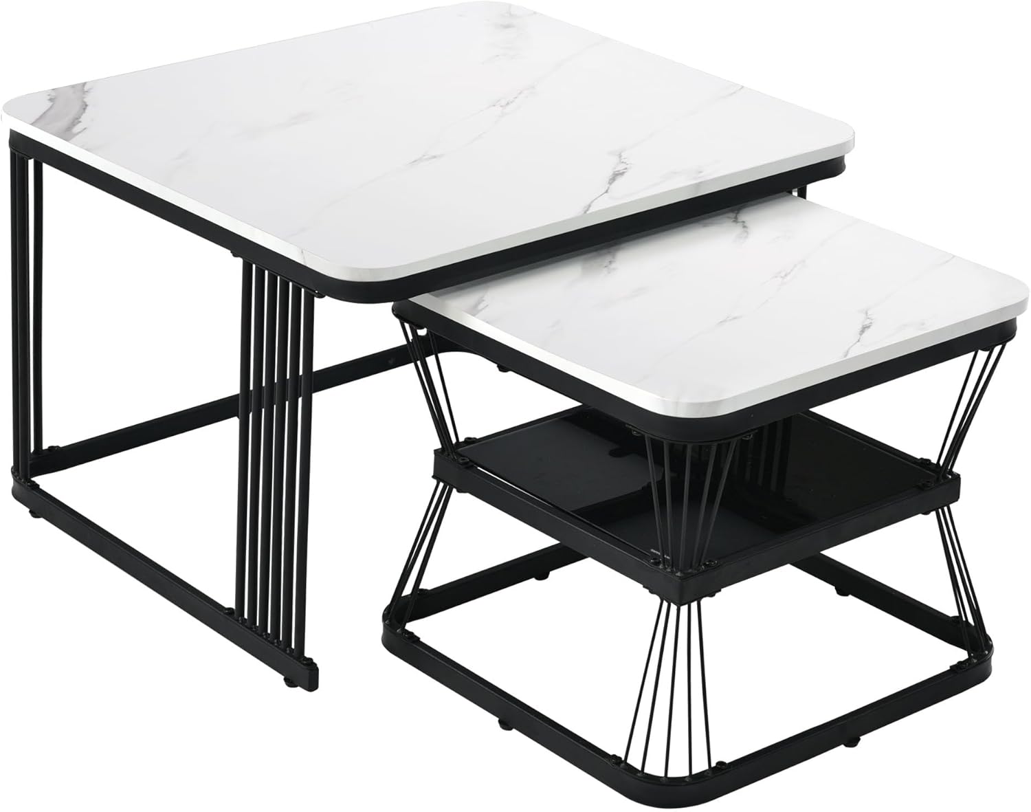 Merax Quadratisch Couchtisch 2er Set, Moderne Wohnzimmertisch mit Marmoroptik, Hochglänzend Satztisch mit Stauraum, für Wohnzimmer, Balkon und Büro, Metallgestell, Weiß und Schwarz