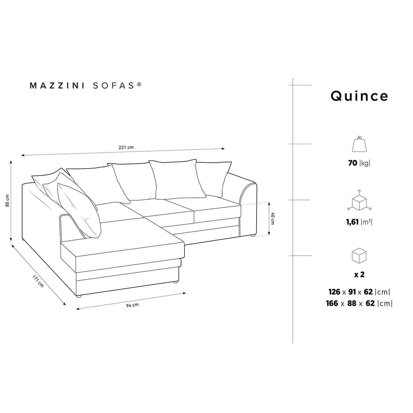 Mazzini Sofas Canapé d'angle gauche Quince 4 Places bleu - 221x171x80 cm