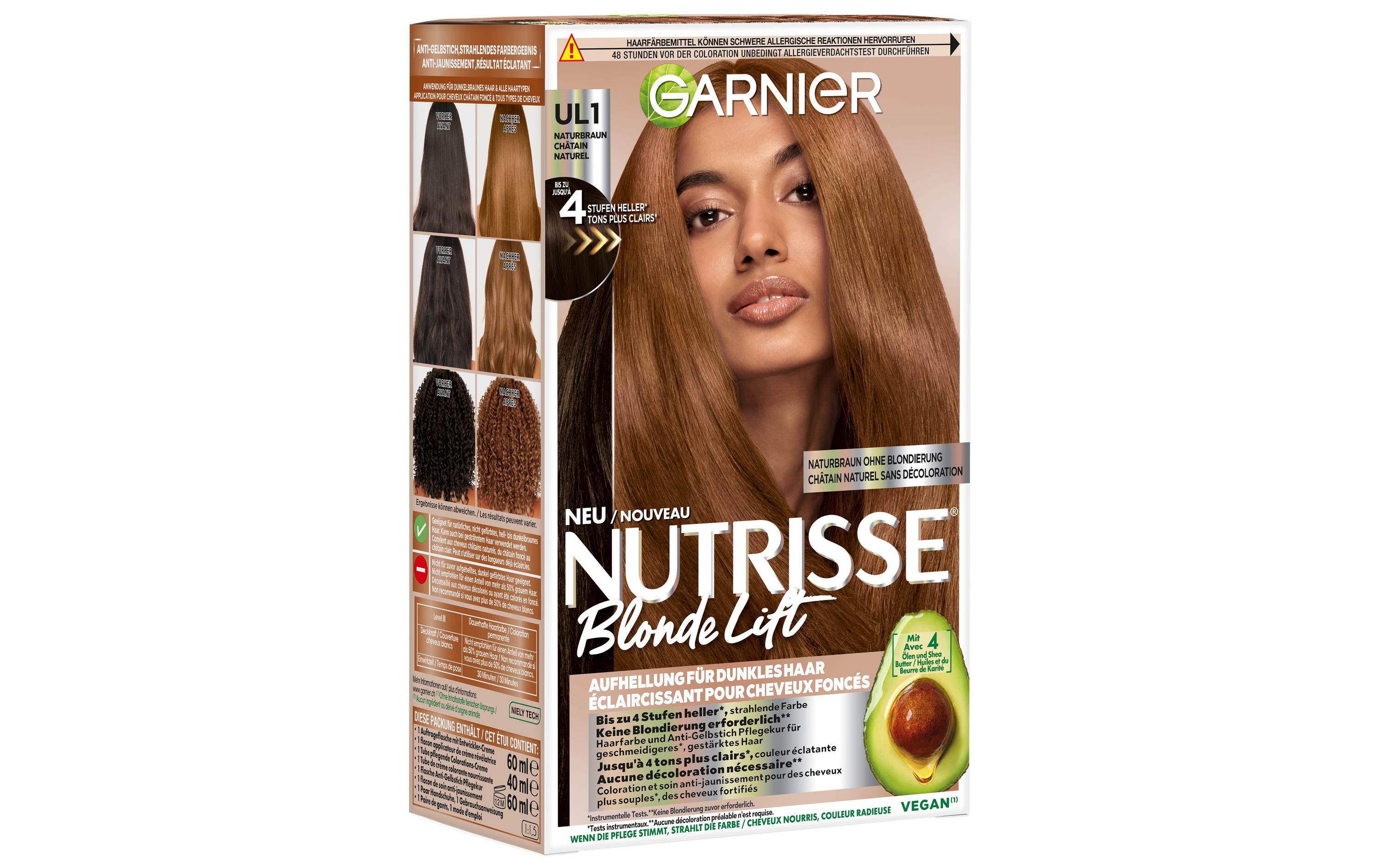 Haarcoloration Ultra Lift KastanienbraunAufhellung in Naturbraun hellt dunkles Haar ohne vorherige Blondierung um bis zu vier Stufen auf