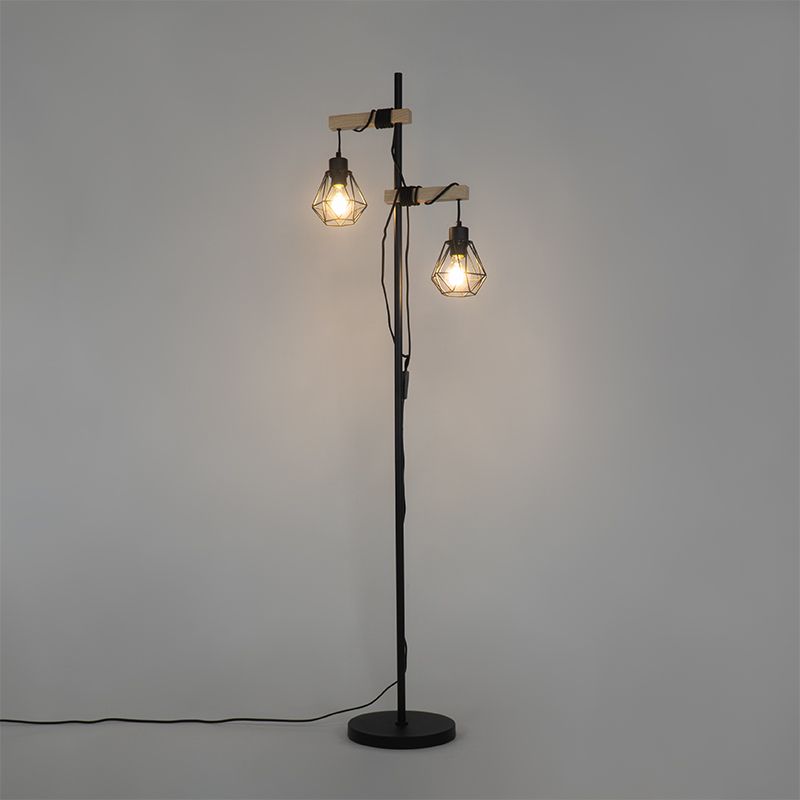 Landelijke vloerlamp zwart met hout 2-lichts - Chon