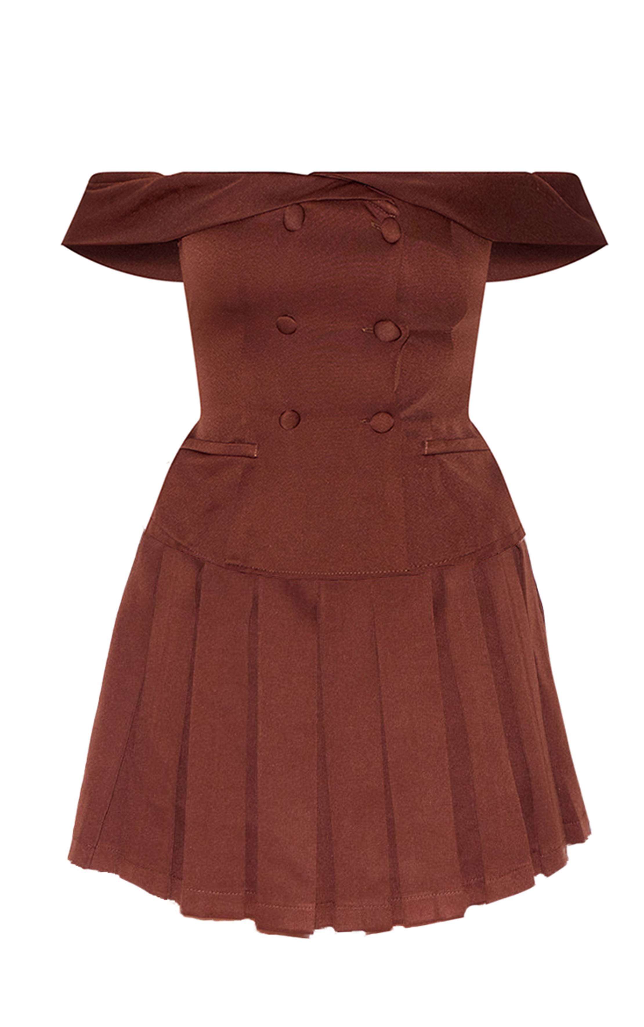 Chocolat Combishort Jupe-culotte Plissée À Détail Boutons Et Encolure Bardot Ajustée