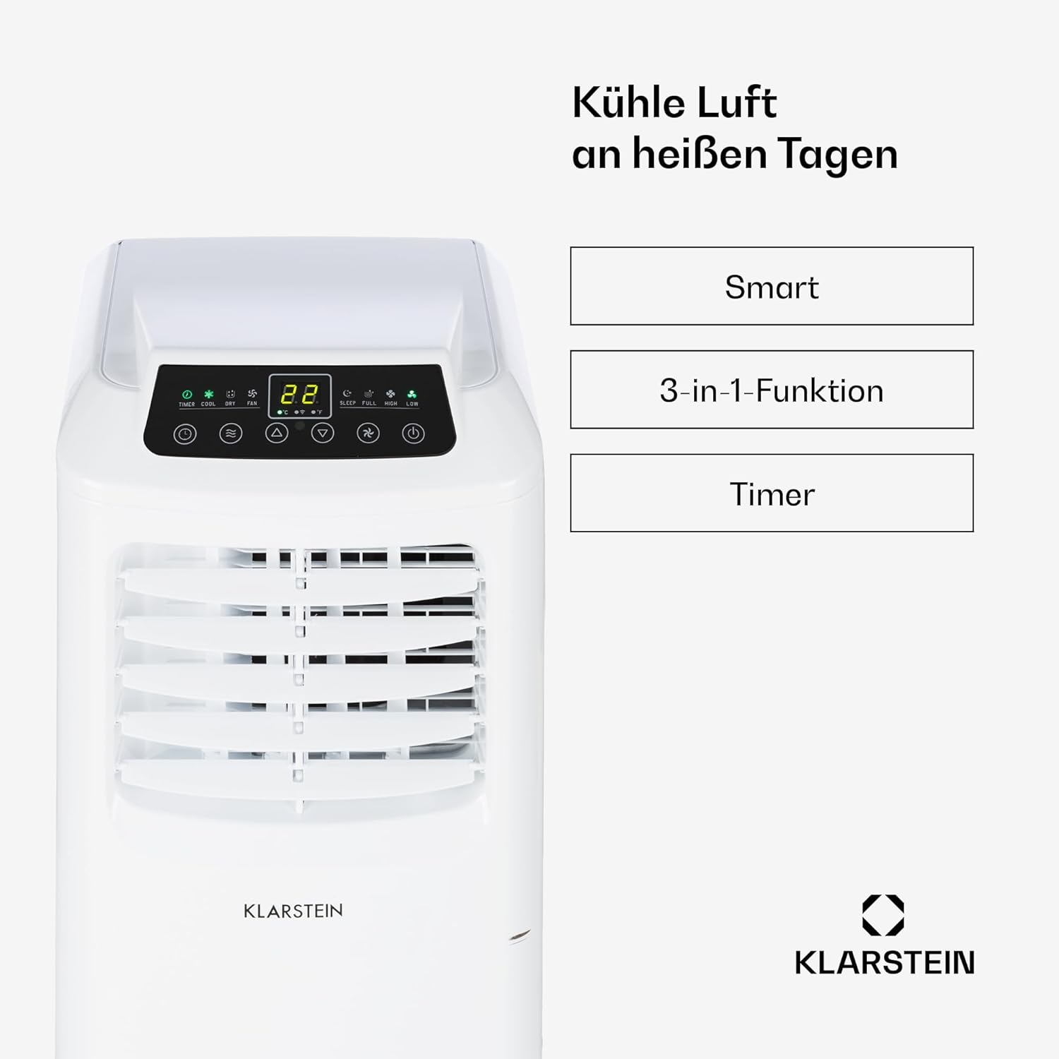 Klarstein Mobile Klimaanlage mit Abluftschlauch, 3-in-1 Klimagerät mit Ventilator & Luftentfeuchter, Kleine & Portable Klimaanlage für Wohnung & Büro, mit Nachtmodus & App-Steuerung, 9000 BTU