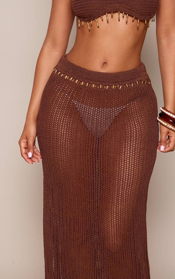 Chocolat Jupe Longue En Maille Ajourée Ornée De Perles Petite