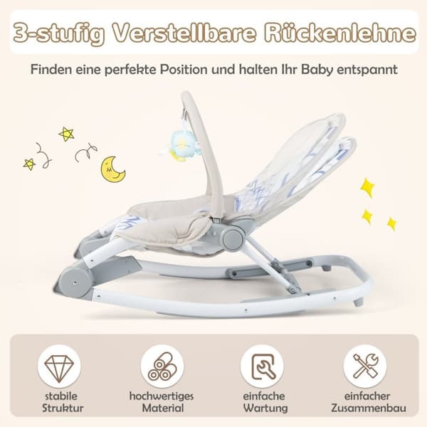 2 i 1 Baby Rocker sammenleggbar bærbar babyswing med 3-nivå justerbar ryggstøtte grå