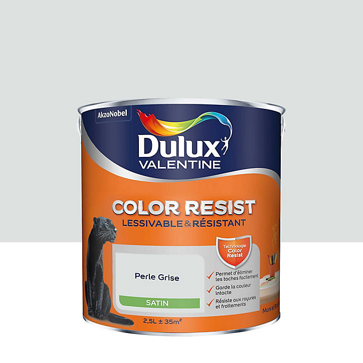 Peinture murs et boiseries Color Resist Dulux Valentine satin perle grise 2,5L