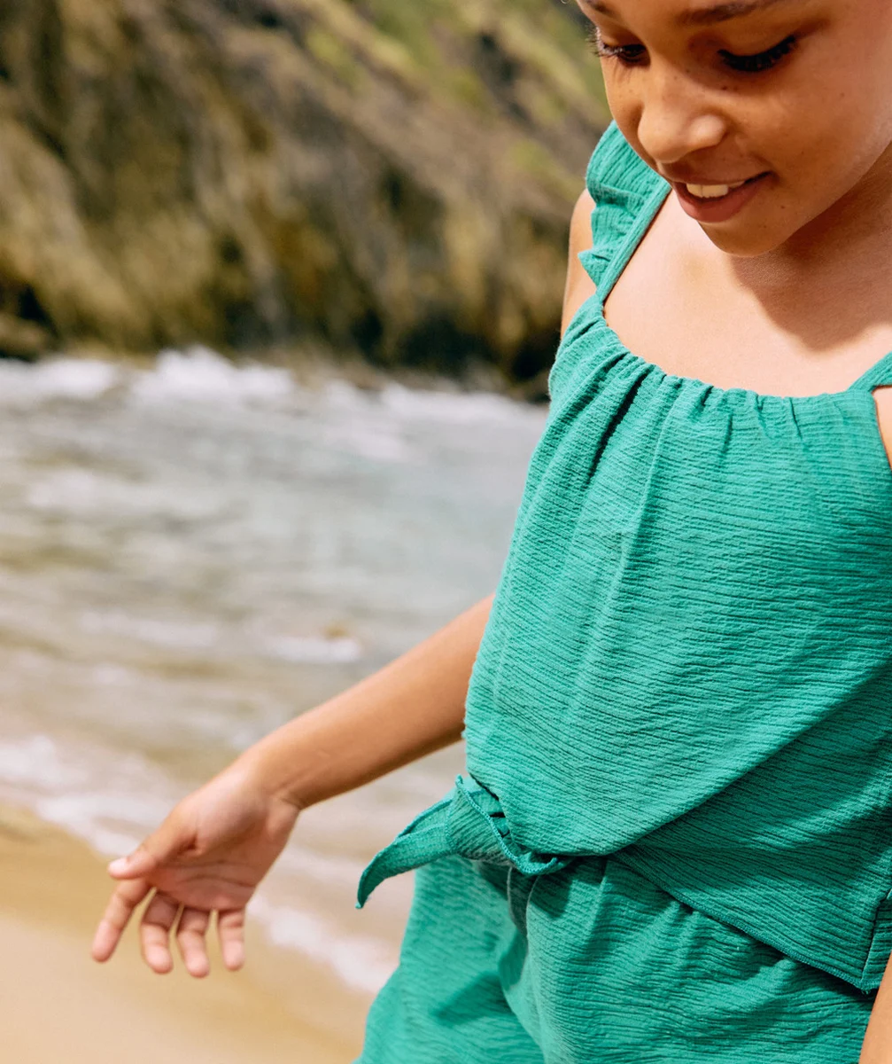 combishort fille en maille verte avec noeud