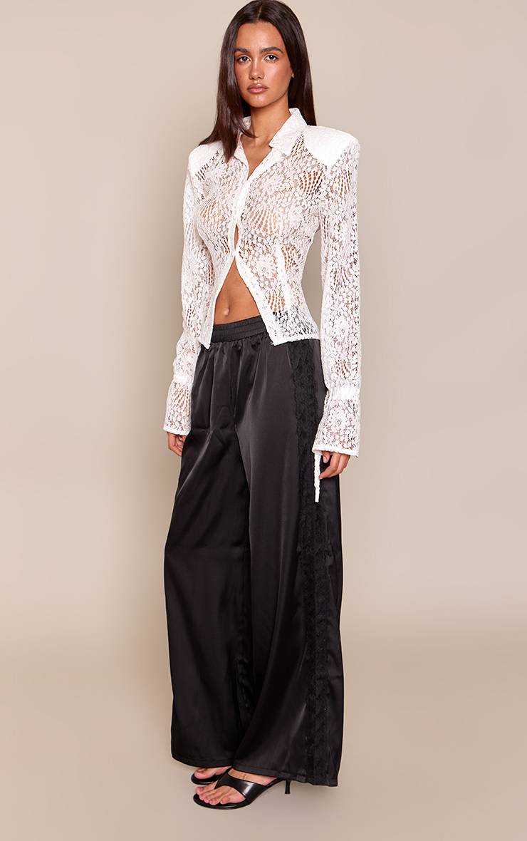 Noir Pantalon En Satin À Empiècements De Dentelle
