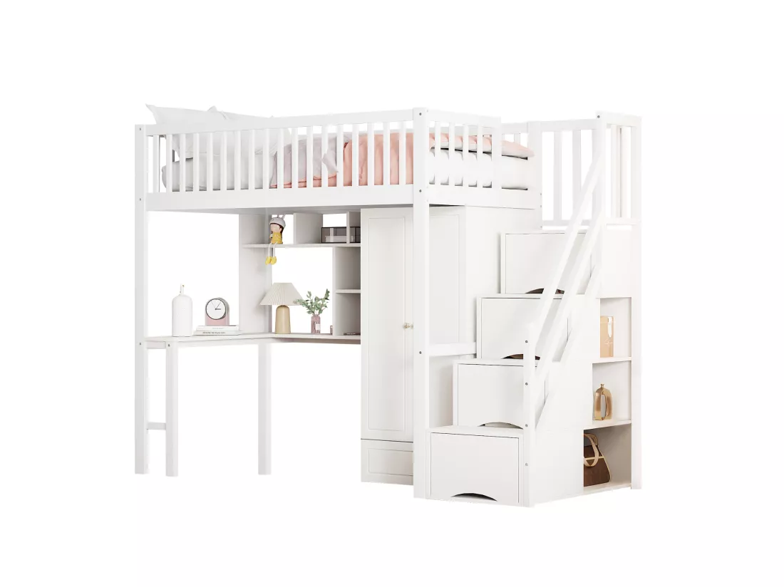 Lit mezzanine 90x200 cm - avec une penderie et un bureau - cadre de lit en bois - Blanc & Naturel