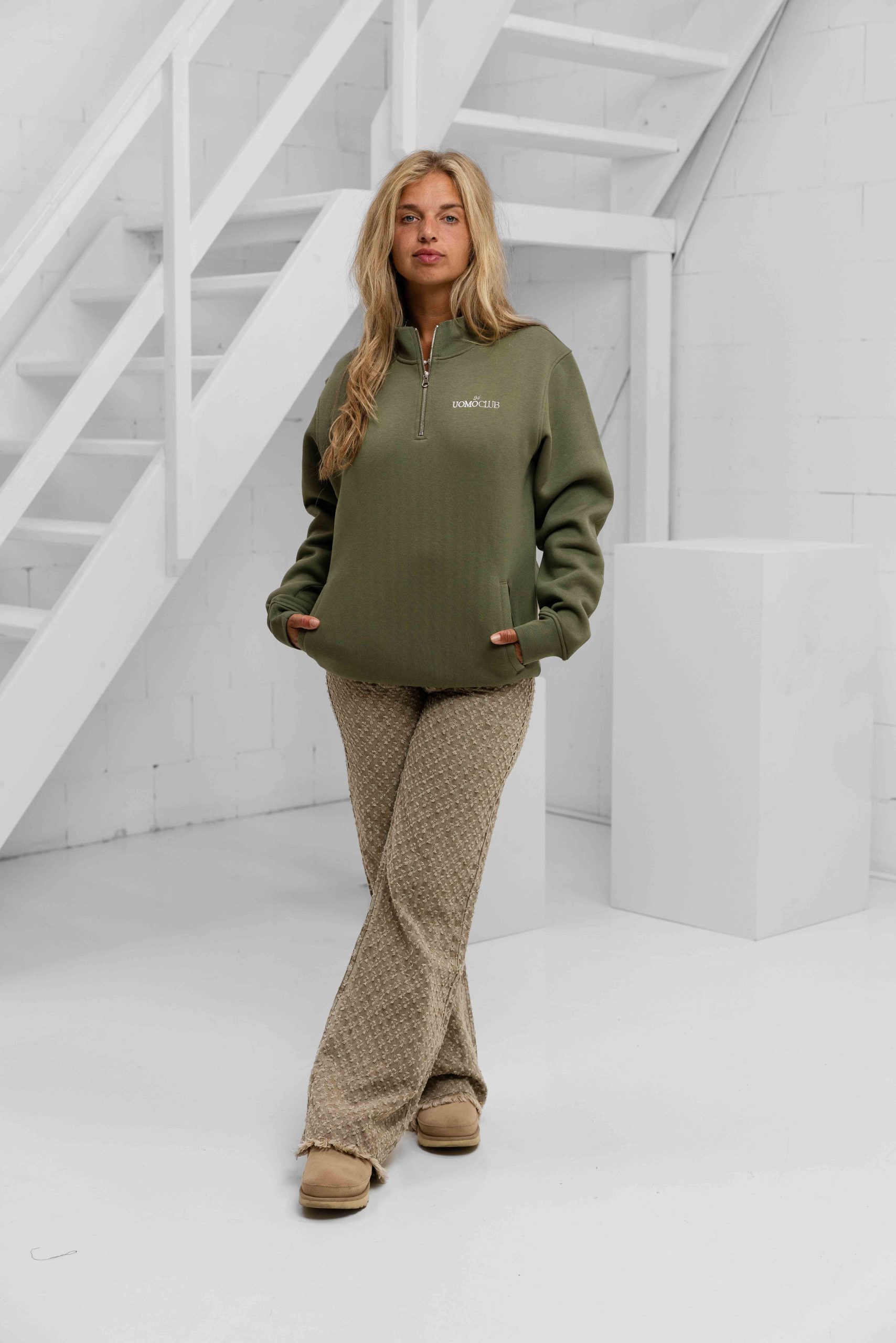 24 Uomo Club Half Zip Sweater Dames Army