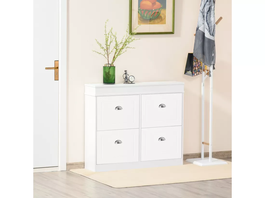 Armoire à chaussures meuble à chaussures rangement pour 32 paires dim. 98L x 24l x 83H cm 4 portes abattantes double niveau MDF blanc