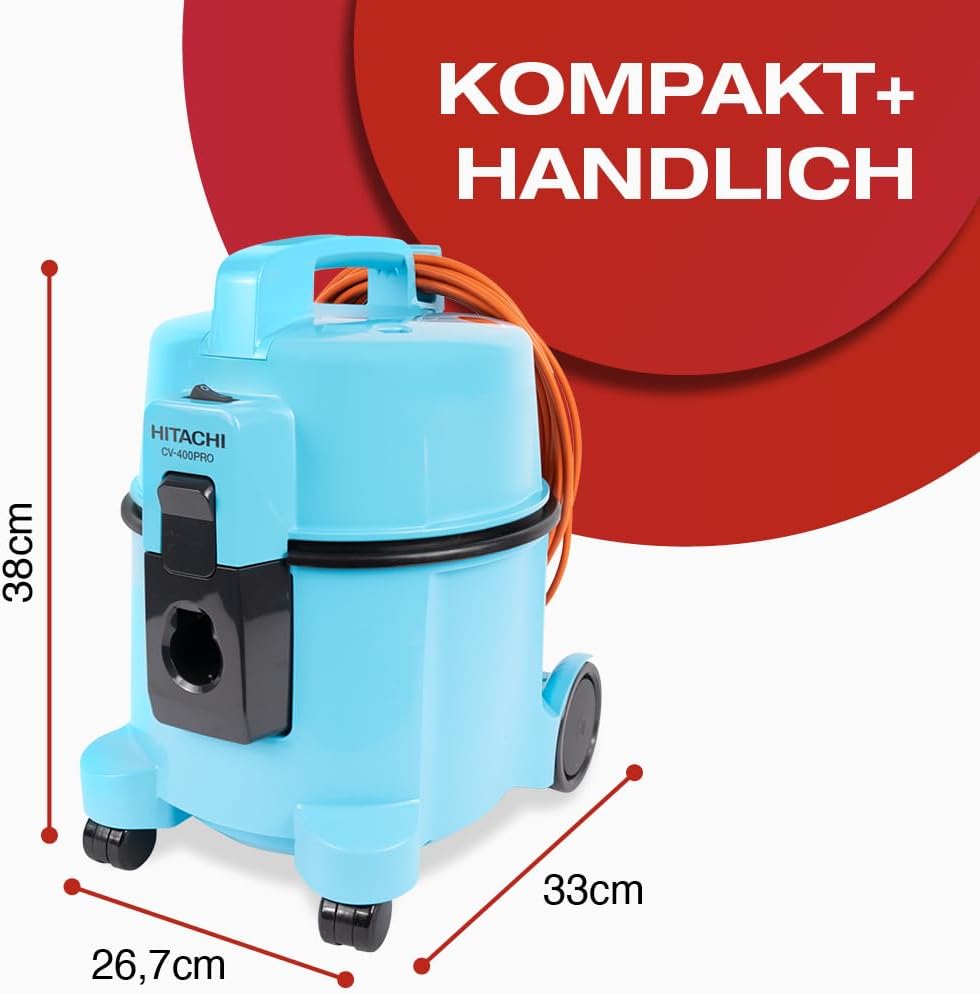 HITACHI Staubsauger CV-400 PRO mit HEPA Filter 7,5L, Beutellos - Profi Bodenstaubsauger 880W, leise 74 dB, 13m Radius, Teppichdüse & Zubehör, Gewerbesauger für Haushalt & Industrie (hellblau)