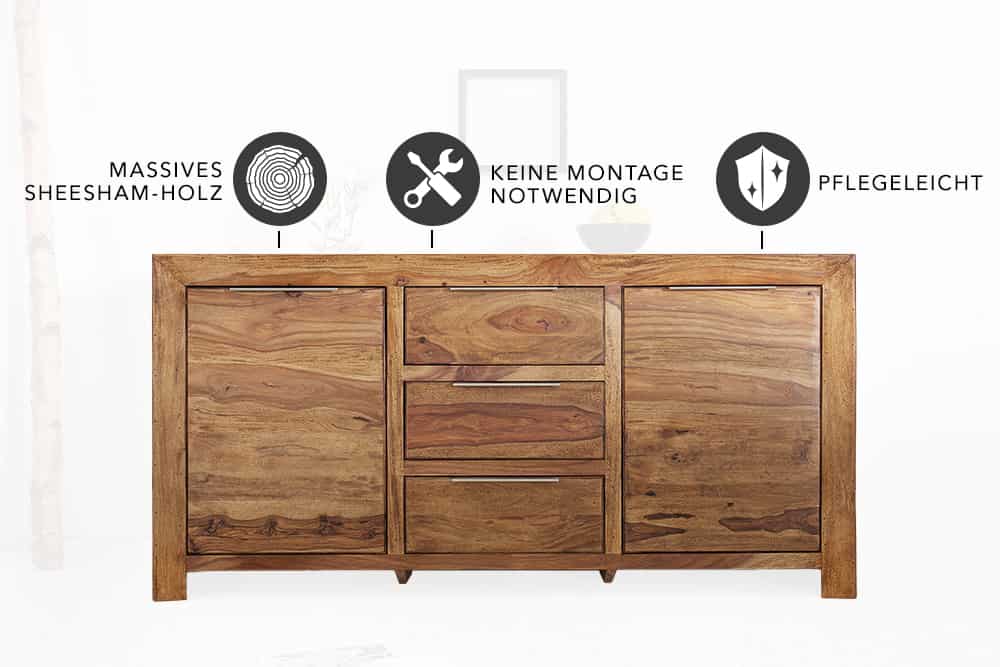 Massivholz Sideboard PURE 135cm braun Sheesham stone finish Kommode mit Schubladen