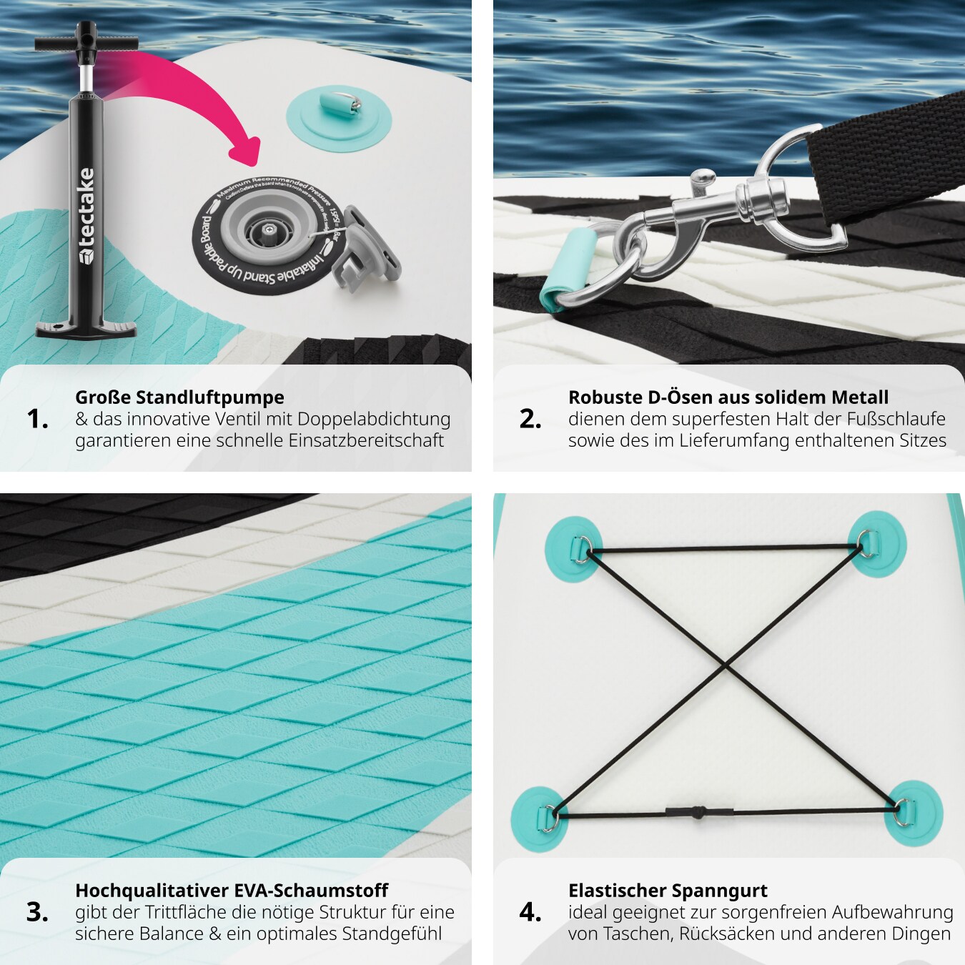 tectake® Stand-Up Paddle Board, 2in1, aus Drop-Stitch Material, Belastbarkeit 200 kg, 288 x 77 x 22,5 cm