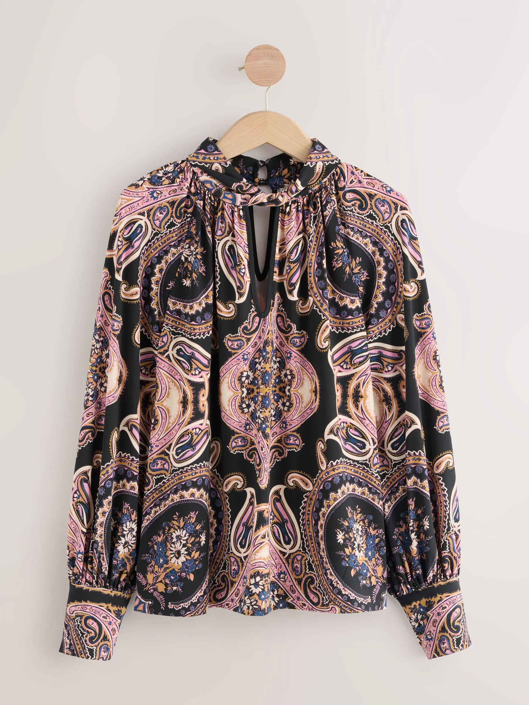 Zwart/Roze paisley - Long Sleeve Twist Neck Jersey Blouse