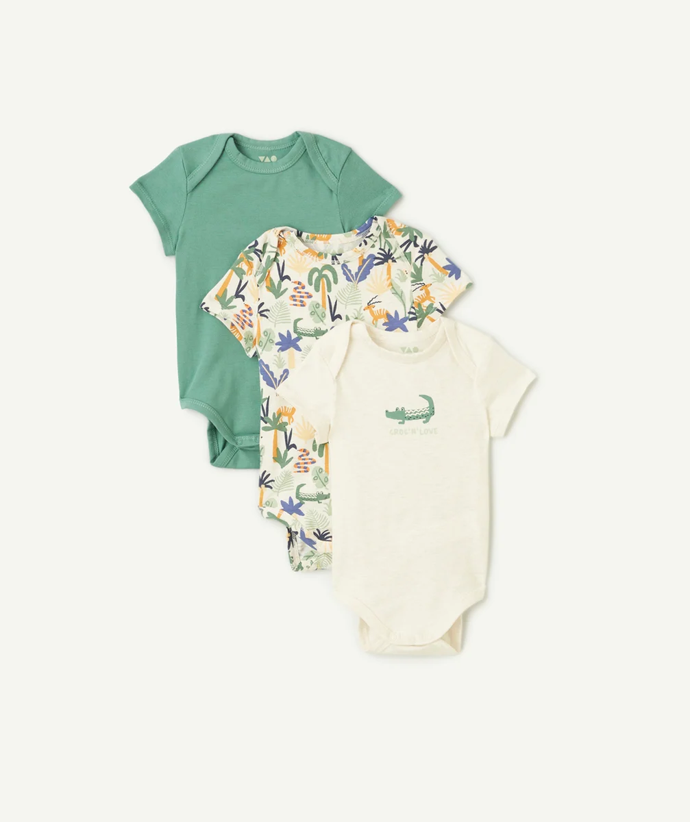 lot de 3 bodies bébé en coton bio uni vert et imprimé thème crocodiles