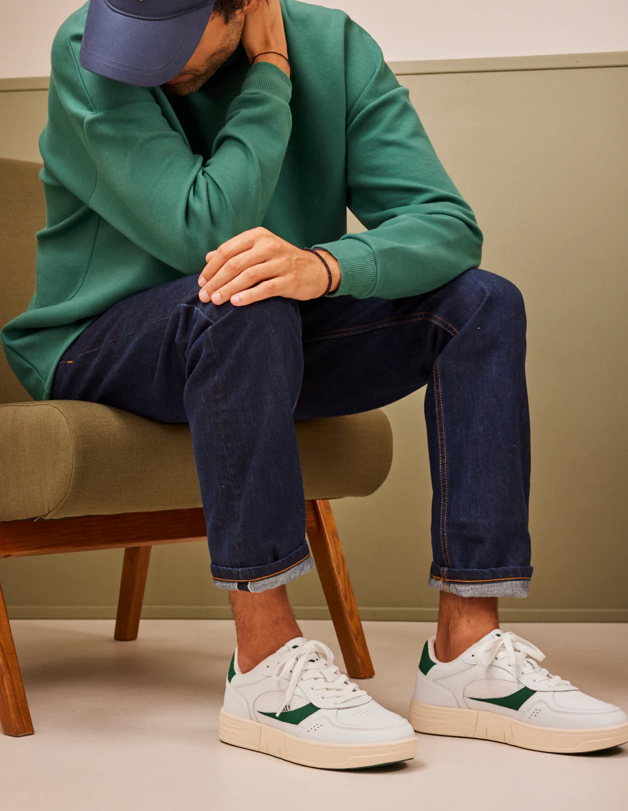 Baskets basses Aimé - Cuir recyclé et suède vegan blanc vert forêt