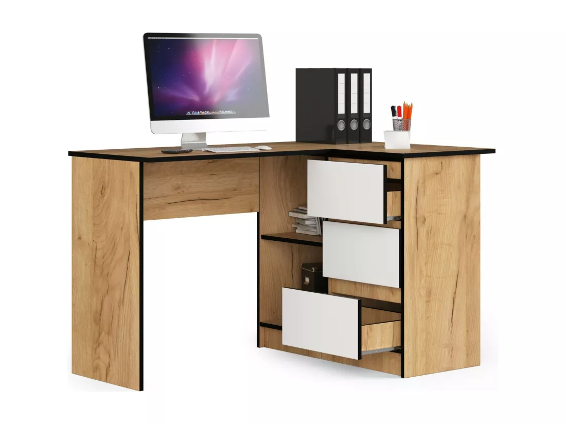 Bureau AKORD d'angle droit B16 Chêne Craft 124 cm 3 tiroirs façade Blanche 2 étagères 124x85x77 cm