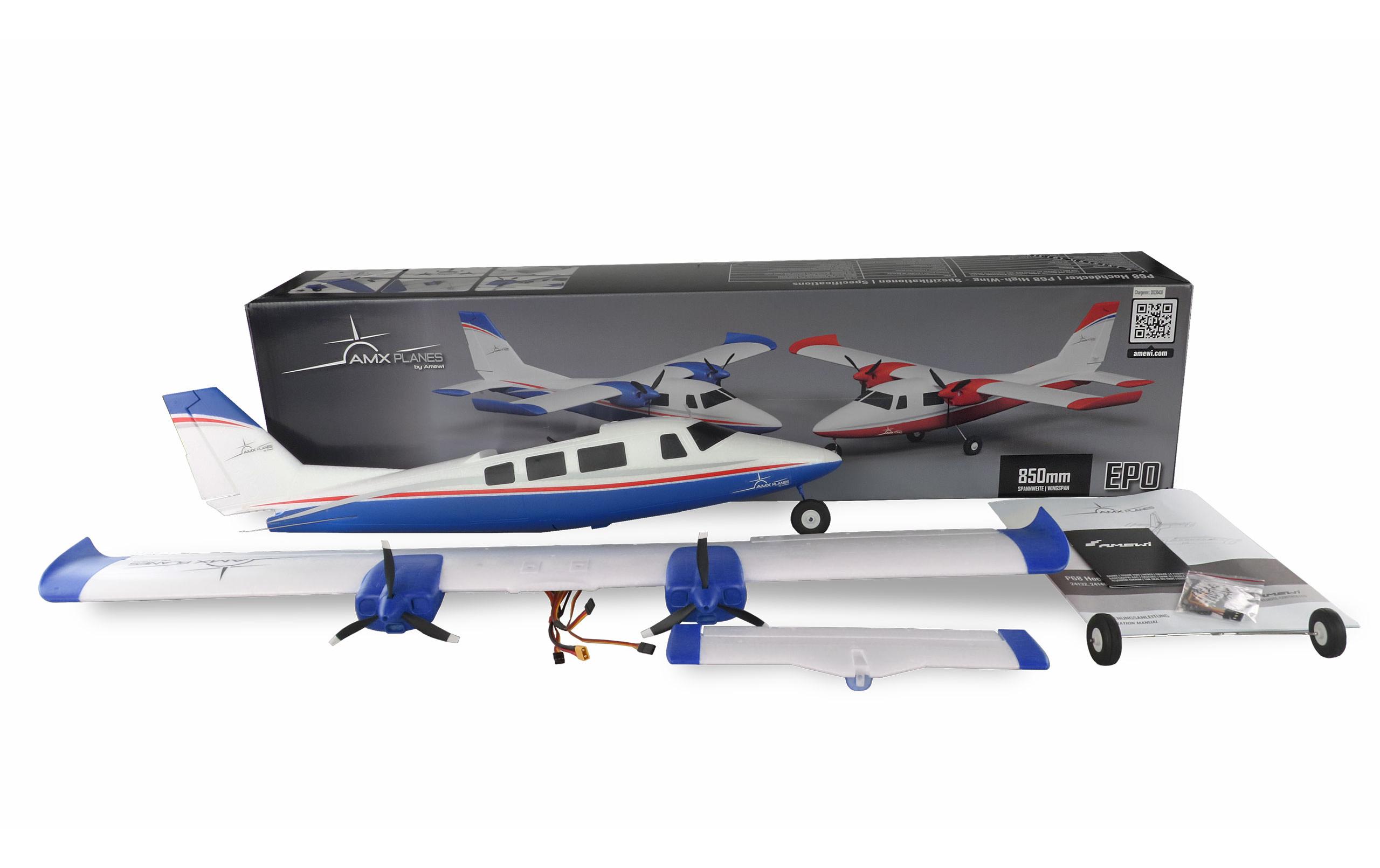 Motorflugzeug P68 Hochdecker 850 mm Blau, PNP<br>Zweimotoriges Trainer-Flugmodell