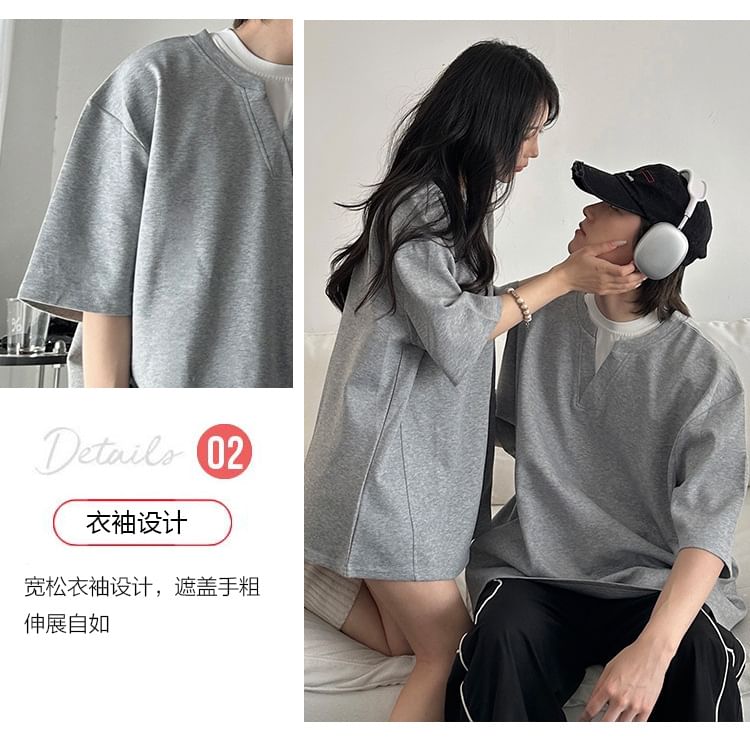 Azure - Matching Matching Two-Piece Elbow-Sleeve Crew Neck Two Tone Tee