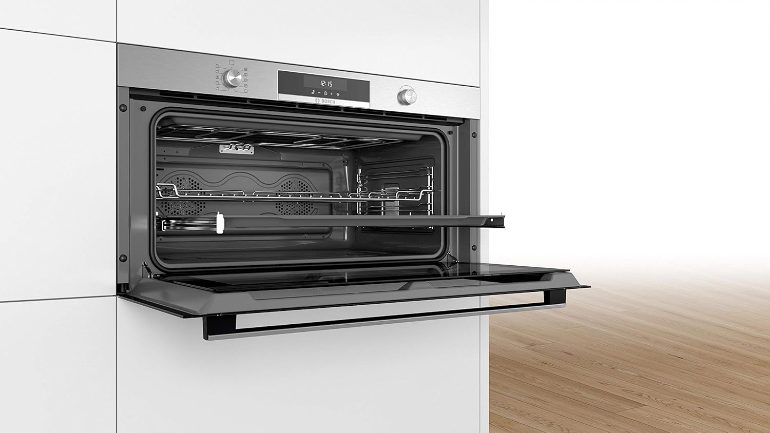 Bosch VBC5580S0 Serie 6 Einbau-Backofen, 48 x 90 cm extra breit, LCD-Touchdisplay, Versenkknebel, 1-fach ebenunabhängiger Teleskop-Auszug