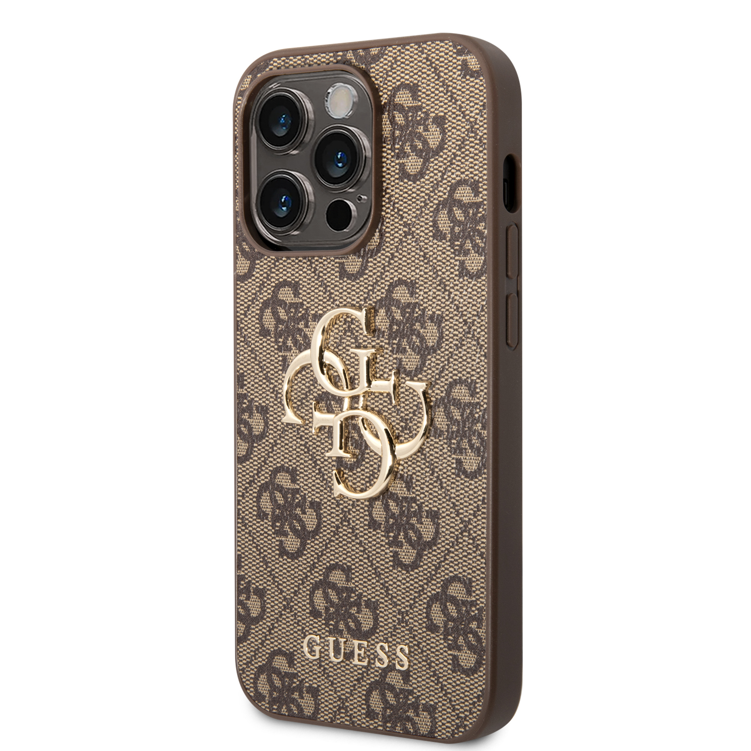 iPhone 14 Pro Max Leder Hardcase Hülle Metall Logo (GUHCP14X4GMGBR) - Braun / Gold