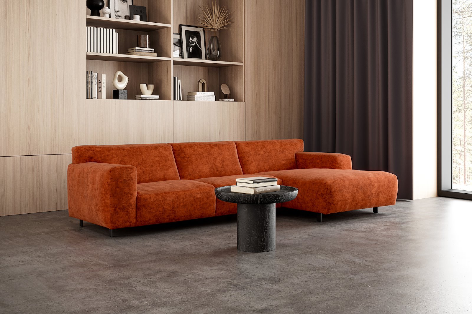 Vesta 2,5-seter med sjeselong høyre I Tekstil Eros Bronze, standardsøm, sort metallben 10 cm, Comfort CM