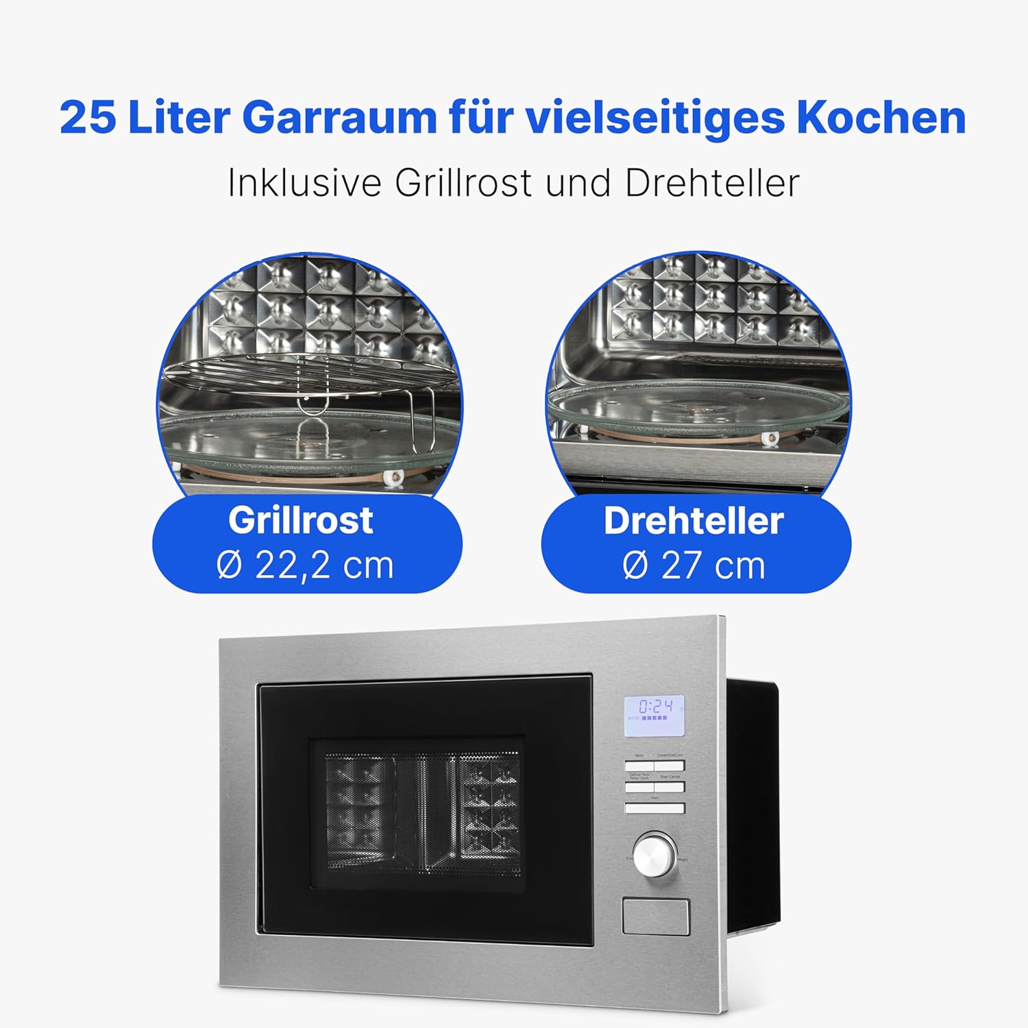 Bomann® Einbaumikrowelle mit Grill und Heißluft | 60cm | 900W Mikrowelle | 1300W Grill | 2300W Heißluft | inkl. Grillrost und Drehteller | 25L Einbau Mikrowellengerät | MWG 3001 H EB inox