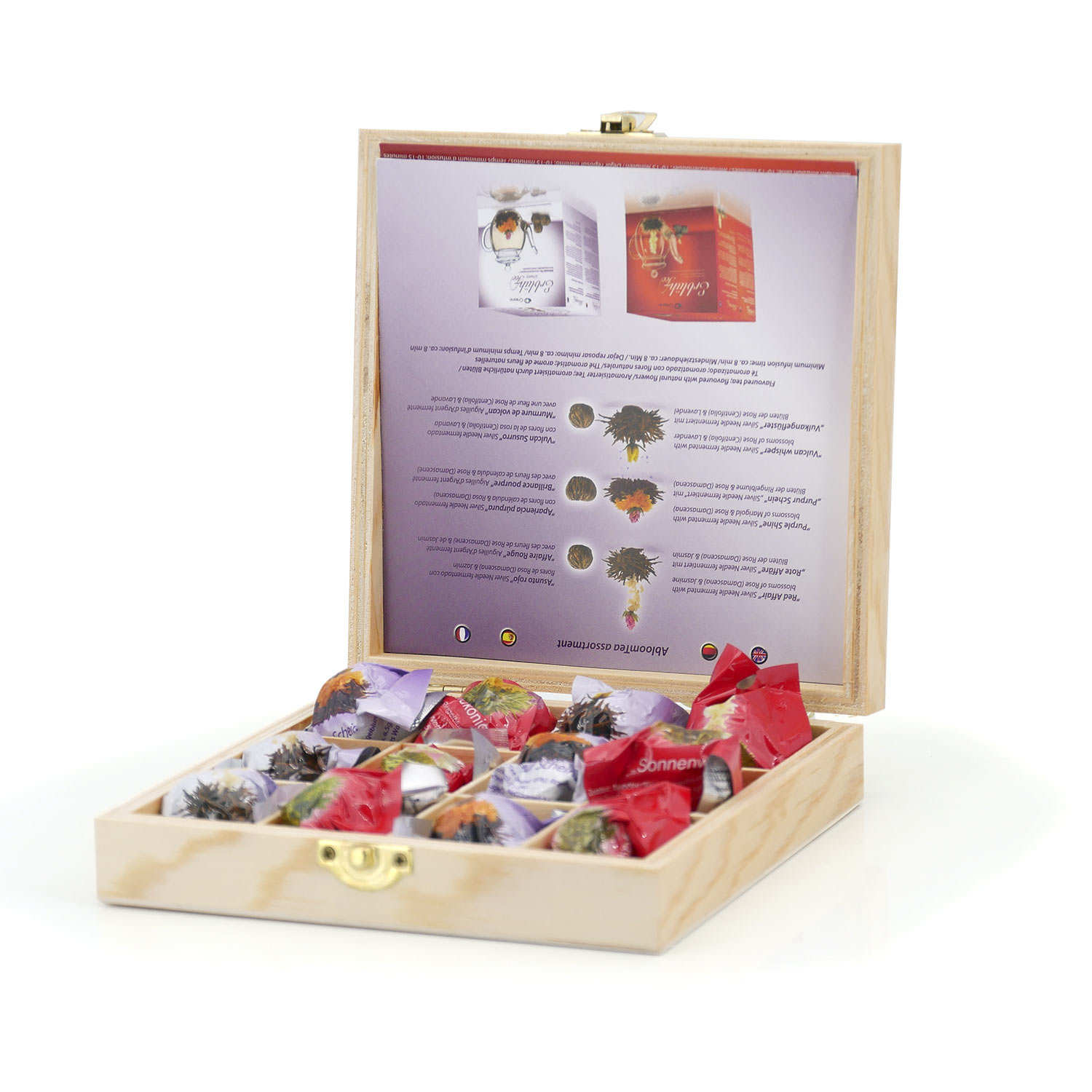 Coffret cadeau 12 fleurs de thé noir et blanc dans une boîte en bois