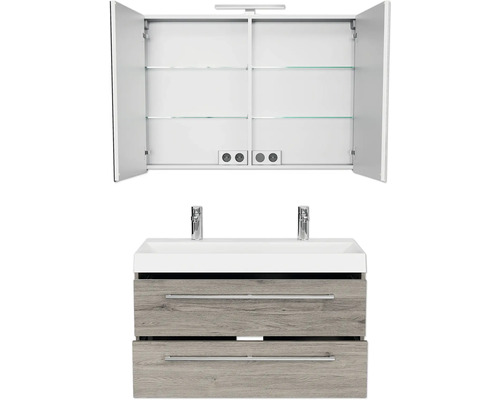 Badkamermeubelset Pelipal Milano (B x H x D): 100 x 200 x 45 cm, frontkleur: Sanremo eiken, met dubbele wastafel van wit gegoten mineraal (SET-138-046)
