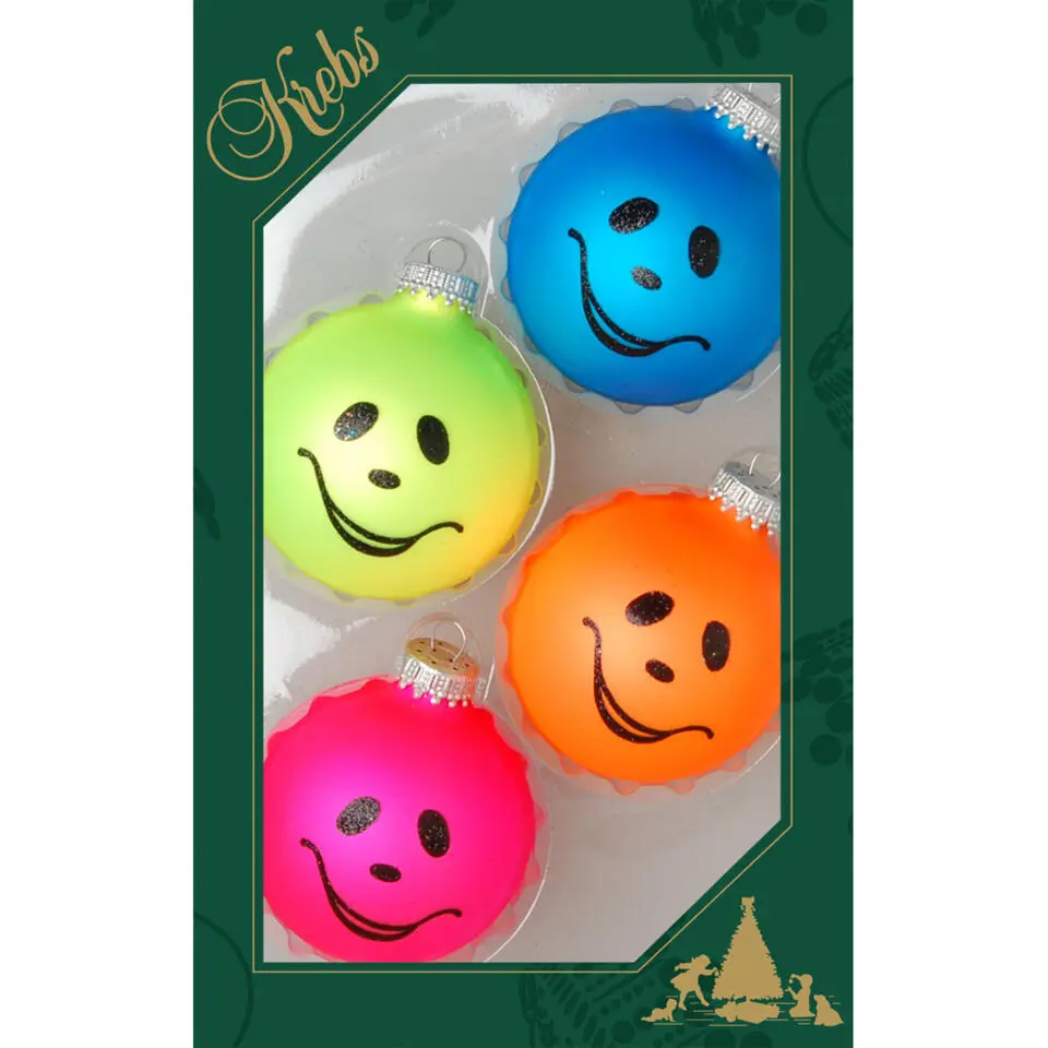 Krebs Kerstballen - 4 stuks - neon Smile - glas - 7 cm