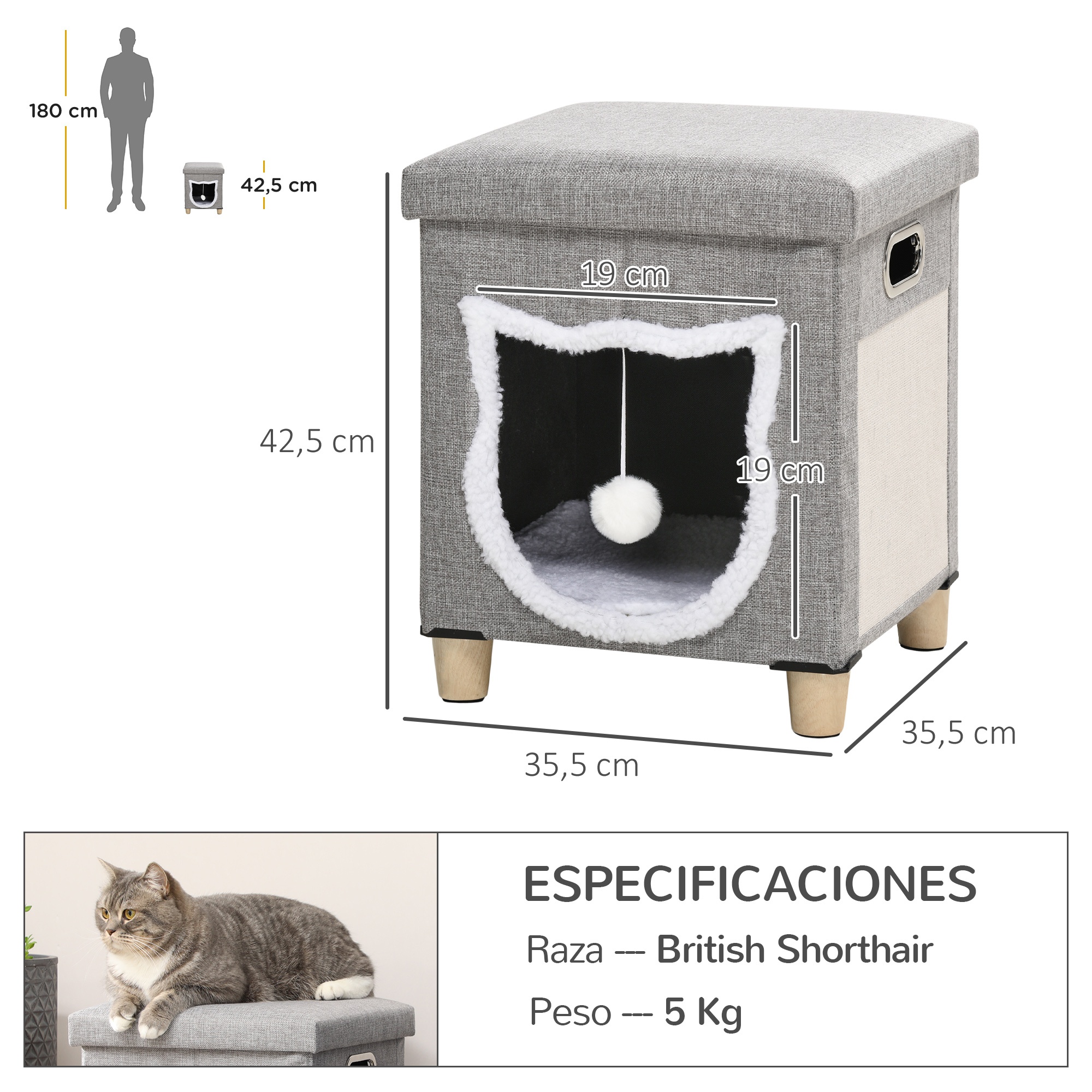 Cama-caverna 2 em 1 PawHut para gatos, casinha para gatos de interior, tipo apoio para os pés com almofada removível, bola pendurada e arranhador, 35,5 x 35,5 x 42,5 cm, cinza.