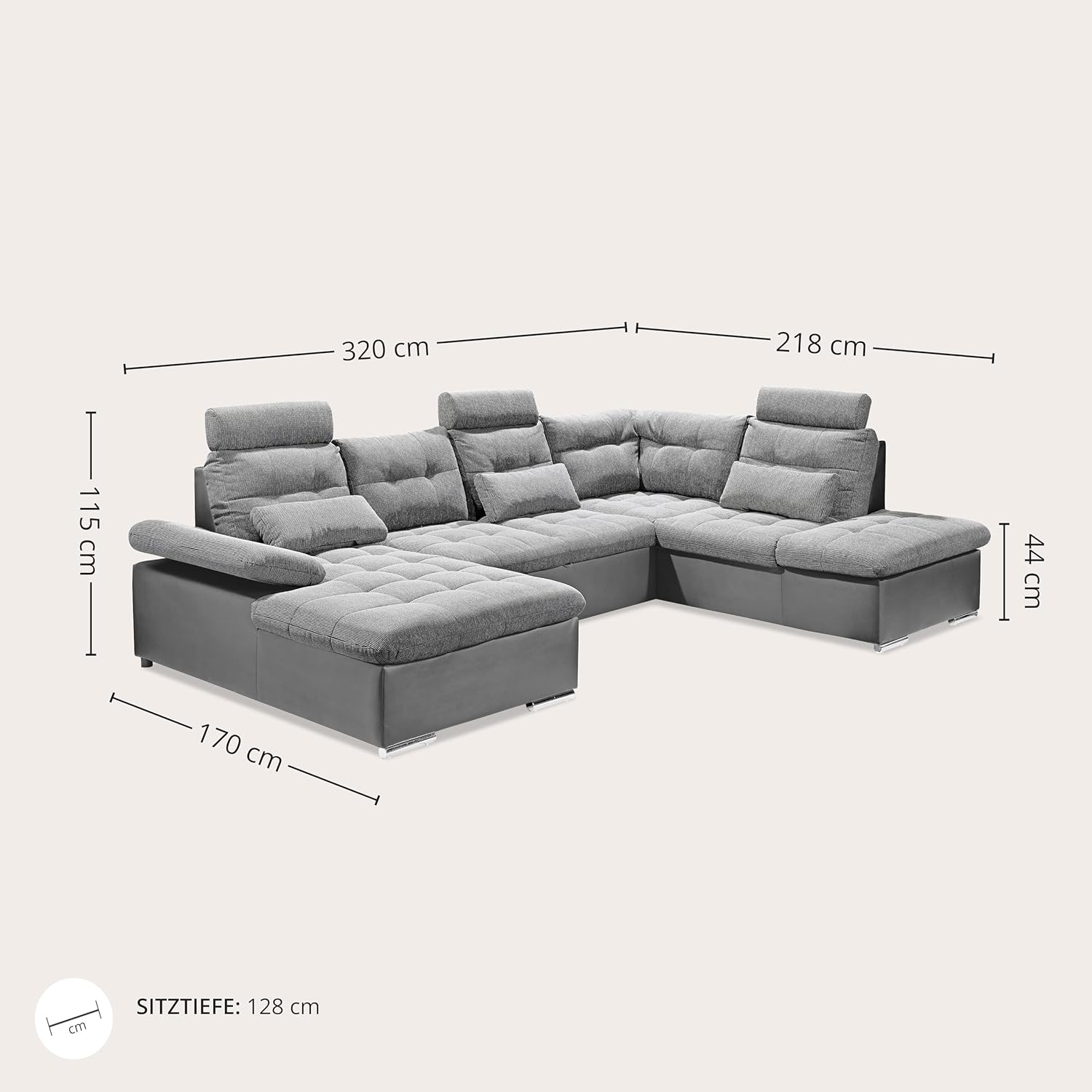 JAKARTA Wohnlandschaft in U-Form in Lederoptik, Dunkelgrau / Anthrazit - Ausziehbares Sofa mit Schlaffunktion & Bettkasten - 324 x 107 x 170 (218) cm (B/H/T)