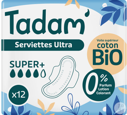 Tadam Serviettes Écologiques Dermo-Sensitives Avec Ailettes Ultra Super+ Pièces 12