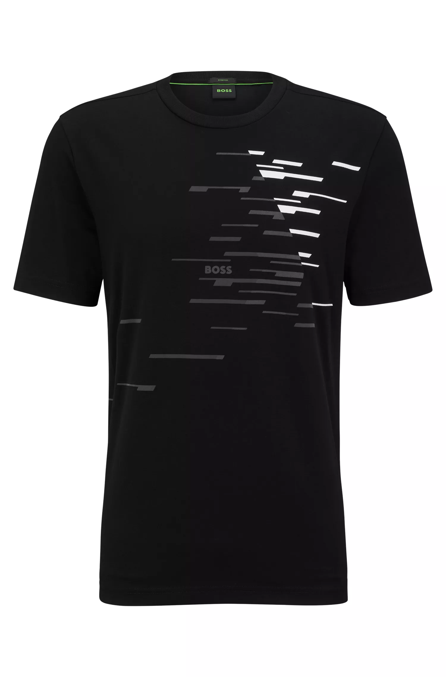 Camiseta BOSS verde de gola redonda em algodão elástico com estampa do logotipo.