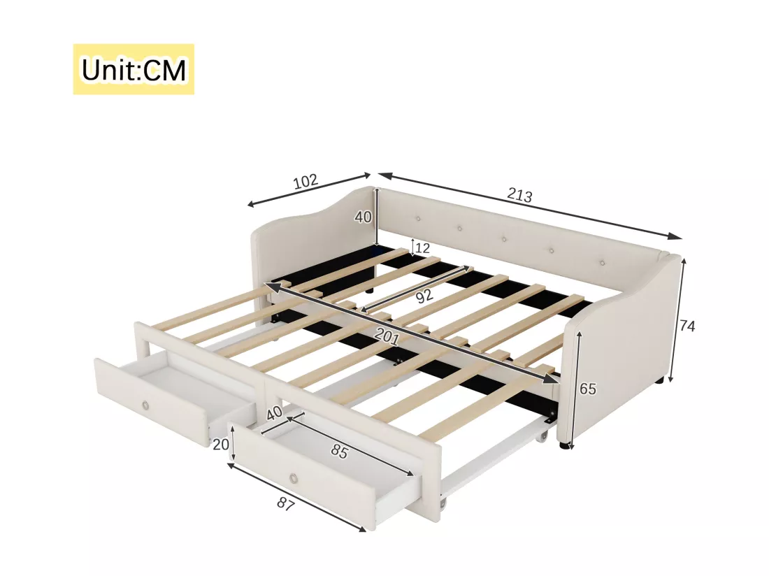 Lit gigogne 90/180x200cm avec 2 tiroirs - tissu en lin - Beige (matelas non inclus)