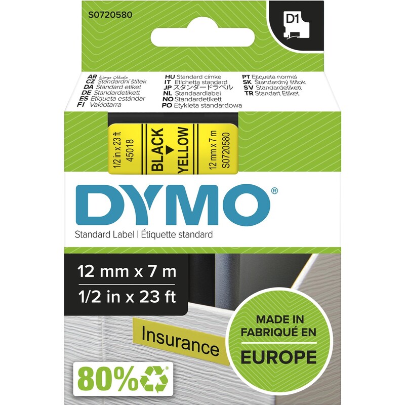 Dymo Band D1, S0720580, 12 mm, schwarz auf gelb