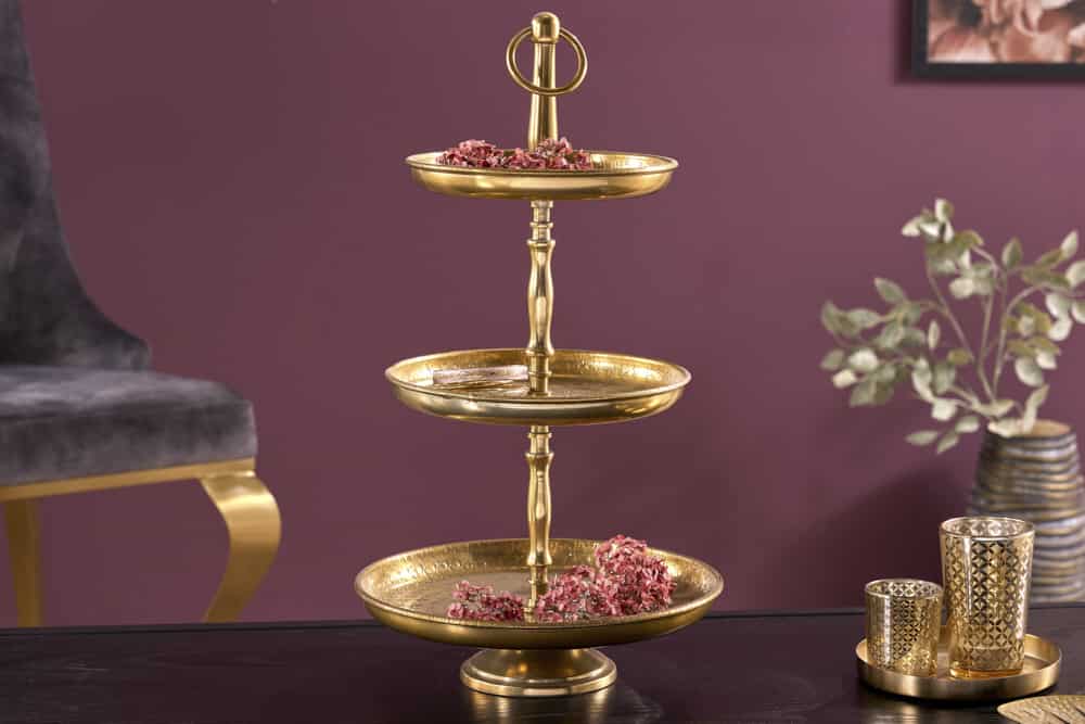 Design Etagere ORIENT 50cm gold im Wild Hammerschlag mit drei Etagen
