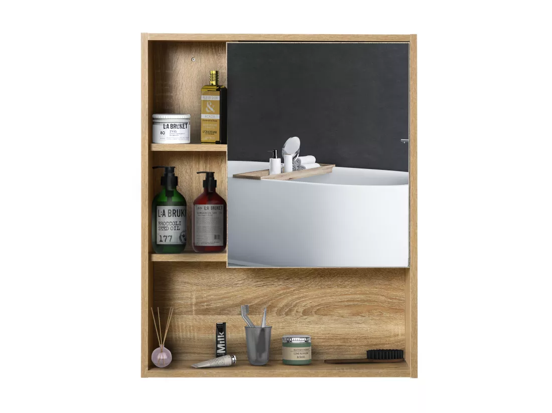 Armoire murale de rangement salle de bain avec porte miroir couleur bois de chêne dim. 60L x 15l x H76 cm