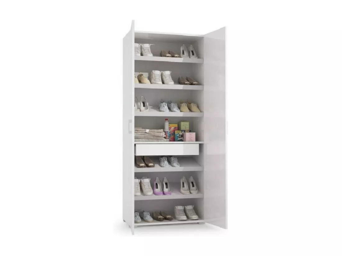 Étagère à chaussures Dminiat, meuble d'entrée polyvalent avec porte miroir, meuble à chaussures moderne avec 6 étagères, 100% Made in Italy, 72x37h195 cm, Blanc et Ciment